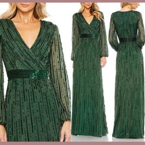 Mac Duggal Sz 12 Emerald Embellished Faux Wrap Gown with Sheer Sleeves • NWT!